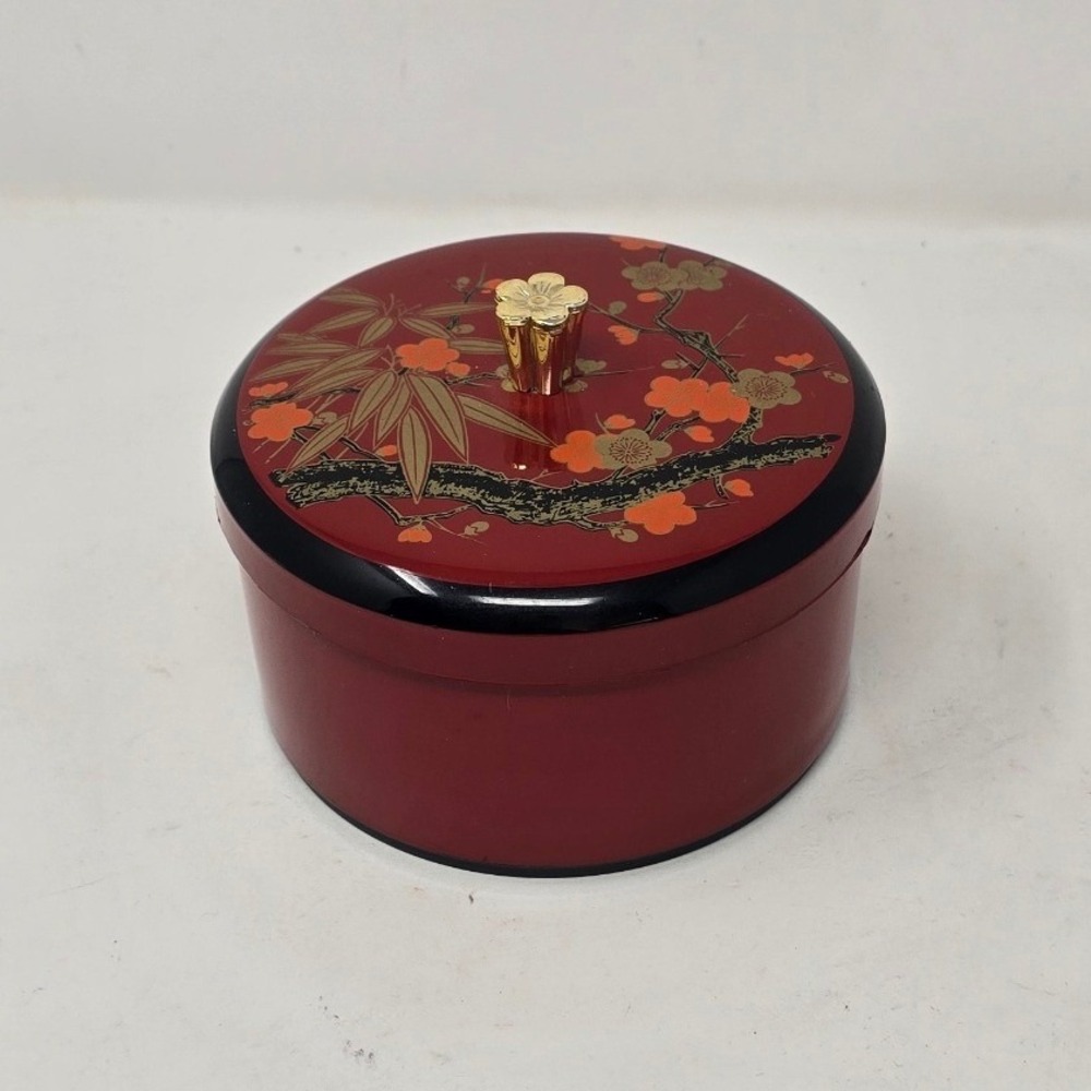 Vtg Japanese Maki-e Lacquer trinket box red round lidded cherry blossom